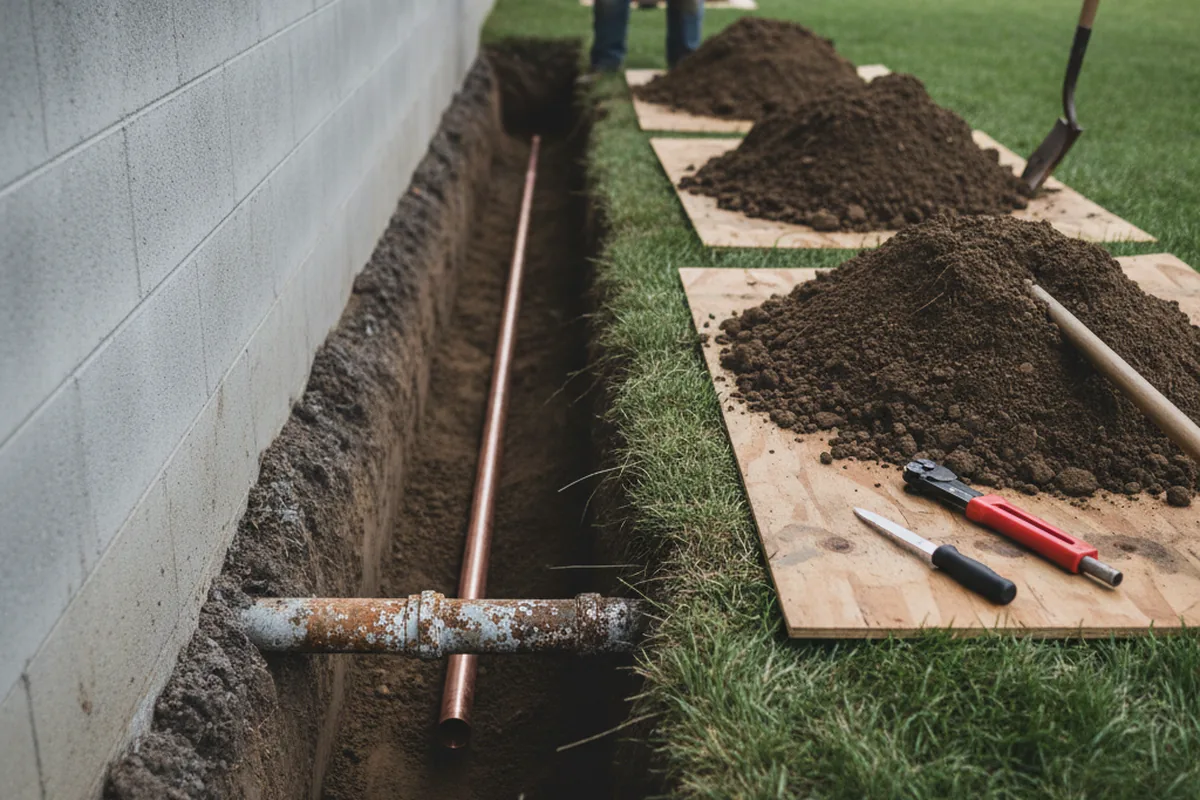 Excavated water line trench during Sewer Line Repair in Pine City